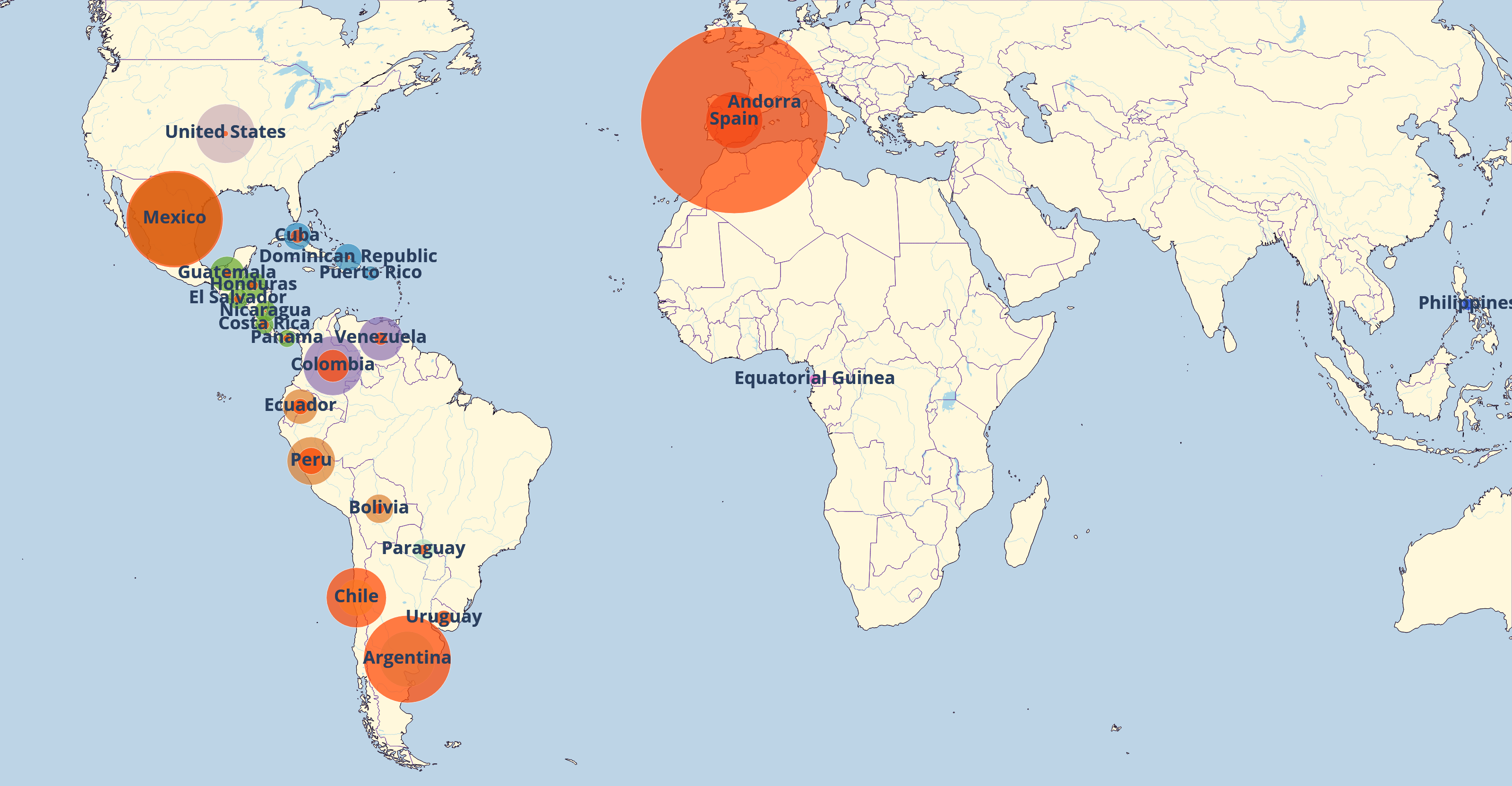 Countries where Spanish is spoken and the porportion of online data